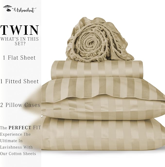 URBANHUT 1000 Thread Count Damask Striped Twin Size Egyptian Cotton Sheets, Long Staple Soft & Breathable, 4 Pc Bed Sheet Sets, Luxury Hotel Sateen Sheets Fits 16" Deep Pocket - Sand