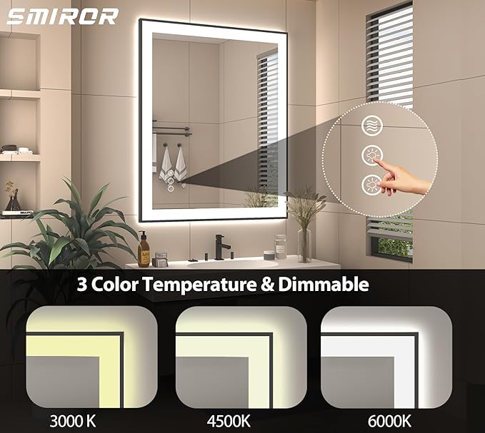 SMIROR 22 x 30 LED Lighted Bathroom Mirror for Wall, Matte Black Framed Vanity Mirrors, Front and Backlit, Dimmable, Anti-Fog, Memory, Shatterproof, ETL Listed (Horizontal/Vertical)
