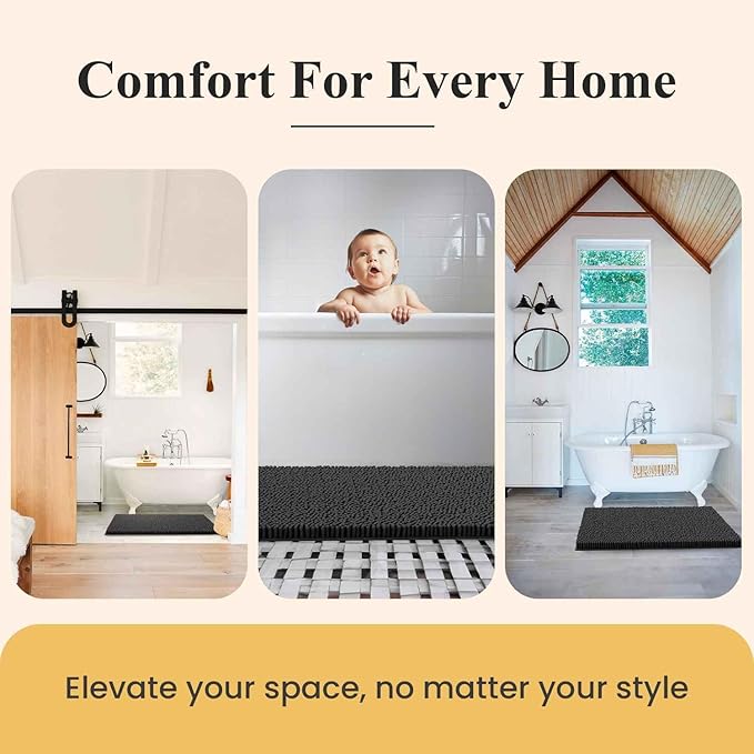 MAYSHINE Plush Shaggy Chenille Bath Mat | Extra Soft, Super Absorbent, Non-Slip Bathroom Rug | Fluffy Microfiber, Area Rug Sets for Bathroom Floor, Kitchen, Living Room | 32"x20" | Black