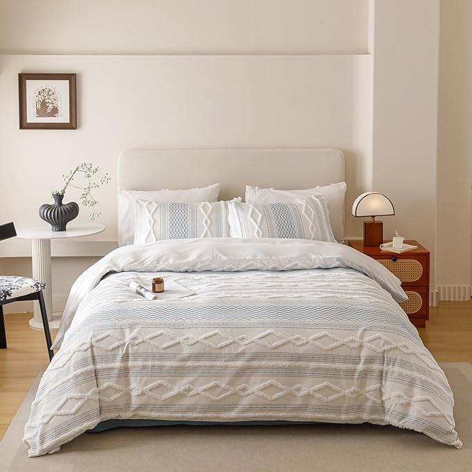 KAREVER Ivory Blue Boho Comforter Set Twin Mixed Textures Jacquard Bedding Set Durable Chic and Stylish Bedroom Set