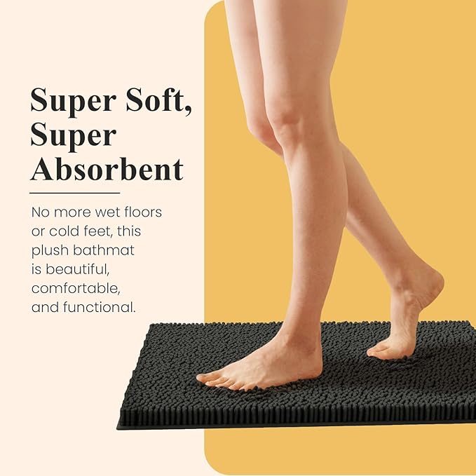 MAYSHINE Plush Shaggy Chenille Bath Mat | Extra Soft, Super Absorbent, Non-Slip Bathroom Rug | Fluffy Microfiber, Area Rug Sets for Bathroom Floor, Kitchen, Living Room | 32"x20" | Black