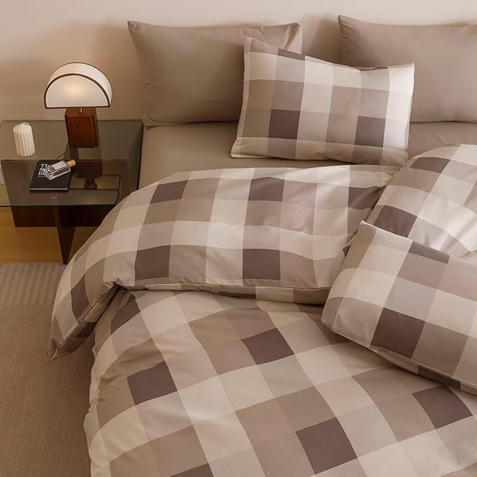 Cottonight Checkered Khaki Comforter Set Full Gingham Grid Bedding Set Khaki and Cream Coffee Grid Comforter Fluffy Soft Bedding Set Kids Teens Full Comforter with 2 Pillowcases