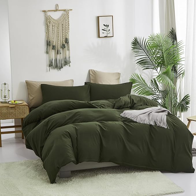 Cottonight Army Green Comforter Set Full Dark Green Bedding Set Plain Blanket Quilts Modern Soft Breathable 3 Piece Comforter Set for Women Men