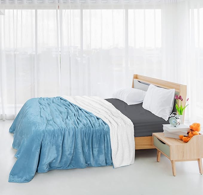 Utopia Bedding Sherpa Blanket Throw Size (Washed Blue, 50x60 Inches) - Soft Lightweight Plush Fleece Reversible Blanket for Bed, Sofa, Couch, Camping and Travel