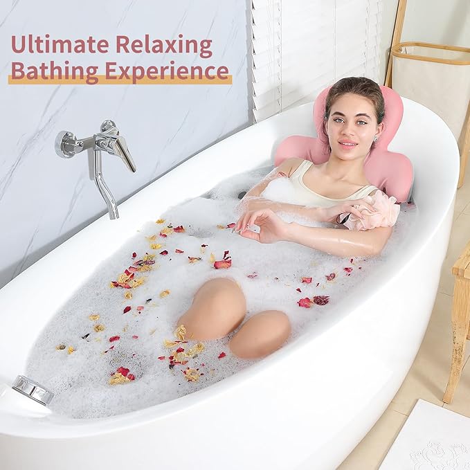 Luxury Bath Cushion, Full Body Bathtub Pillow with 160 Suction Cups, Bath Mat for Head and Neck Support, with Laundry Bag (Light Pink, 51.2" x 16.2")