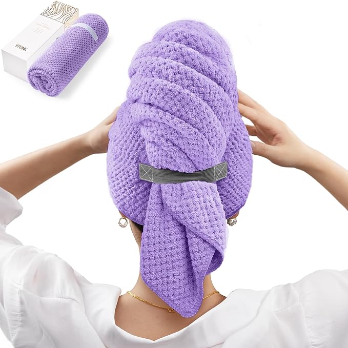 YFONG X-Large Hair Towel Wrap for Women, Super Absorbent Microfiber Hair Towel for Curly Hair, Fast Drying Hair Turbans with Elastic,Hair Drying Towel Wrap for Hair Care 30" X 40" (Purple)