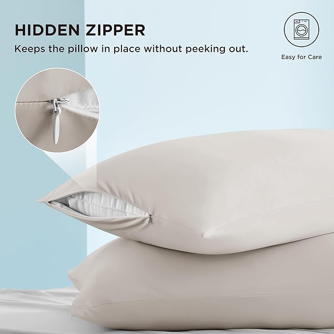 Bedsure Cooling Pillow Cases, Zipper Pillow Cases Queen Size Set of 2, Cool Pillowcases for Hot Sleepers & Night Sweats, Soft & Breathable Cold Pillow Cover for Hair & Skin, Gift, Beige, 20x30 Inches