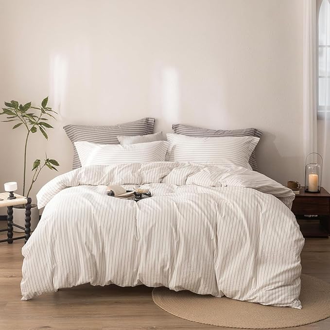 Stripe Duvet Cover Twin Size 90inch x 68inch,100% Washed Cotton Linen Feel Duvet Cover with Zipper Closure and 2 Pillowcases, Color of Off White-Linen Grey Stripe