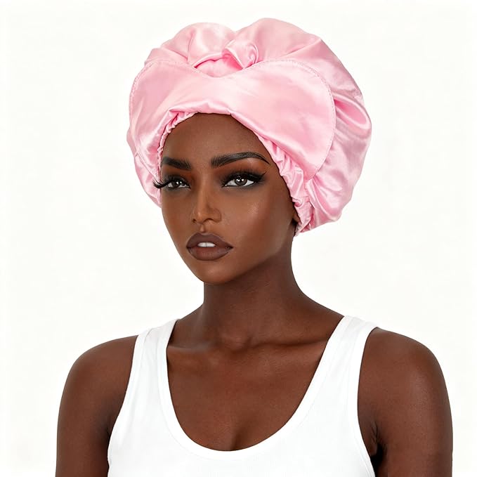 Pink Satin Bonnet Silk Hair Bonnet for sleeping Adjustable Silk Bonnet Double Layer Satin Lined Hair Bonnet with Soft Elastic Band for Women Hats