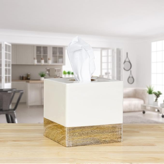 AuldHome Design Square Tissue Box Cover (Enamel/Mango Wood); Minimalist Scandinavian Decor White Cube Tissue Holder