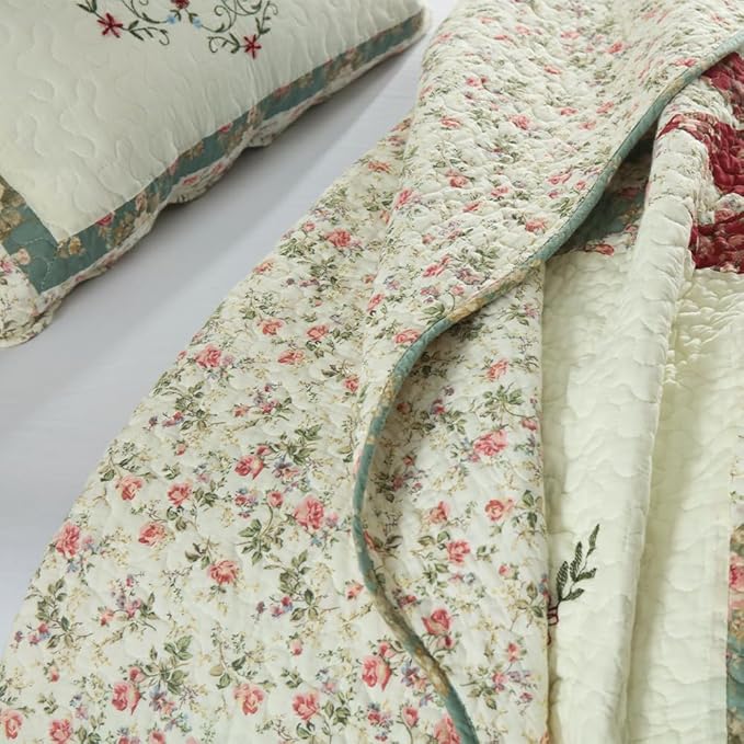 Cotton Bedspread Quilt Bedding Sets, 3 Pieces Reversible Coverlets Comforters Star with Green Floral Real Patchwork Bedspread, King Size
