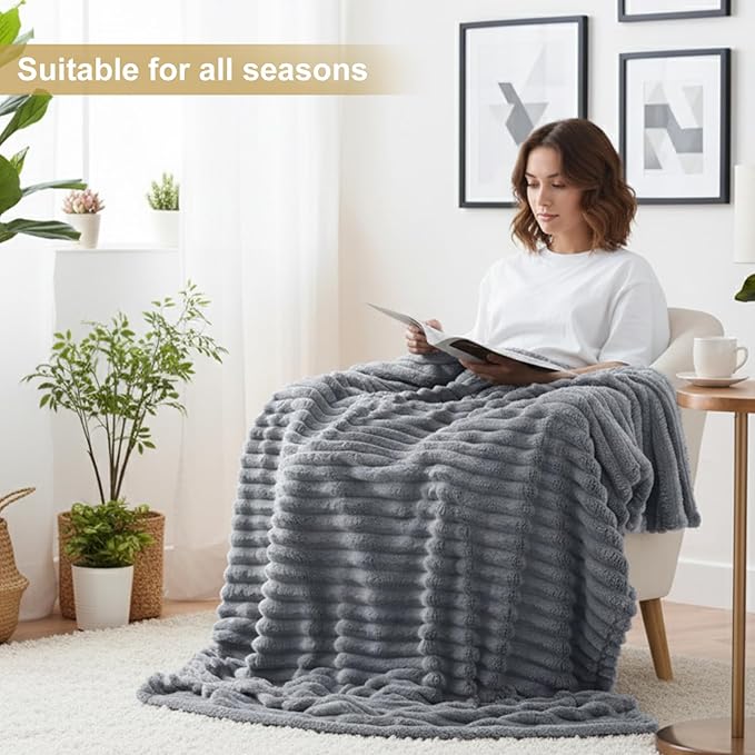 decorUhome Christmas Soft Fleece Grey Throw Blanket for Couch, Cozy Fluffy Plush Flannel Striped Blanket for Sofa Bed, Lightweight Decorative Ribbed Fuzzy Blanket for Woman, 50x60 Inches