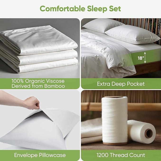 TWK Luxury Sheet Set, Genuine 100% Organic Viscose Derived from Bamboo, Cooling & Breathable, Silky Soft, Bedding Sheets & Pillowcases(White, Queen)
