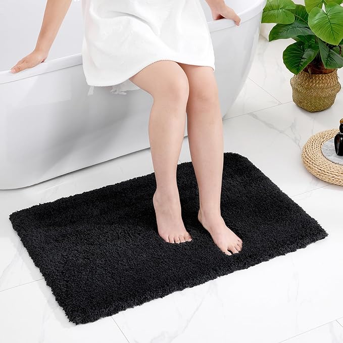 Small Bathroom Rug 17x24 Non Slip Black Fluffy Bath Mat for Bathroom Floor Washable Plush Luxury Bath Rug for Tub Soft Shaggy Shower Mat