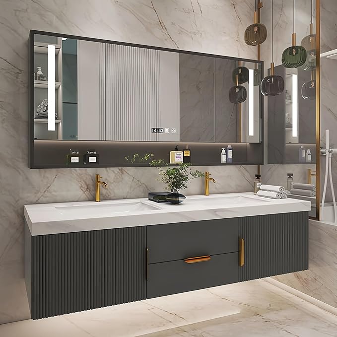 Bathroom Vanity with Double Sink, Modern Bathroom Vanities Compo Includes LED Smart Defogging Mirror Cabinet and Open Shelf, Solid Wood Bathroom Sink Vanity with Slate Countertop (Dark Grey,52")