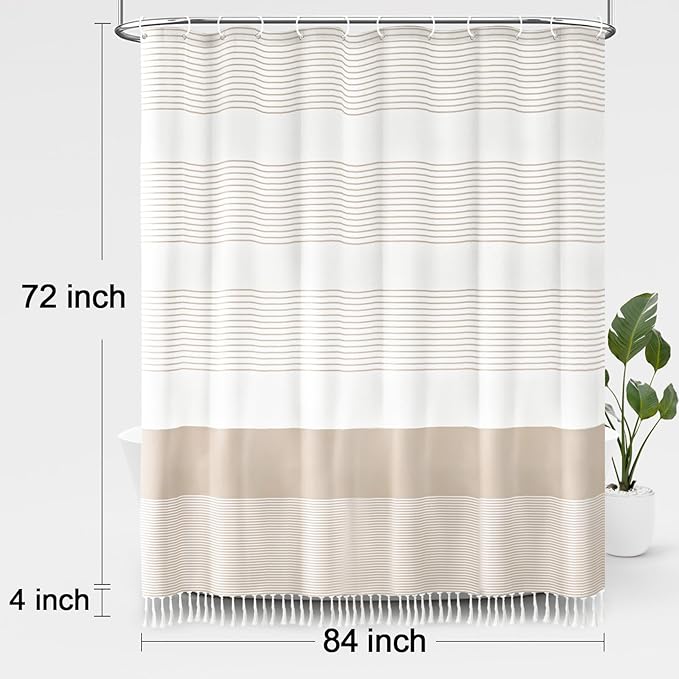 Awellife Boho Beige Shower Curtain for Bathroom Stripe Tassel Shower Curtain 84 X 72 Inches Farmhouse Cotton