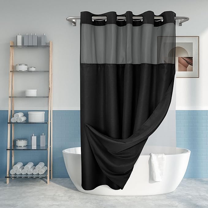 River Dream Long No Hook Slub Textured Shower Curtain with Snap-in PEVA Liner Set - 71" x 77"(75"), Hotel Style with See Through Top Window, Black Fabric Curtain & Waterproof Liner, Black, 71x77