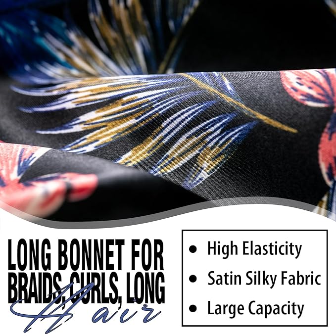 3Pcs Bonnets for Black Women Braid Bonnet, Large Long Satin Bonnet for Braids, Black Women Satin Silk Bonnet with Stretchy Tie Band Sleep Bonnet Cap for Long Curly Hair (Black & Black Pattern & Pink)
