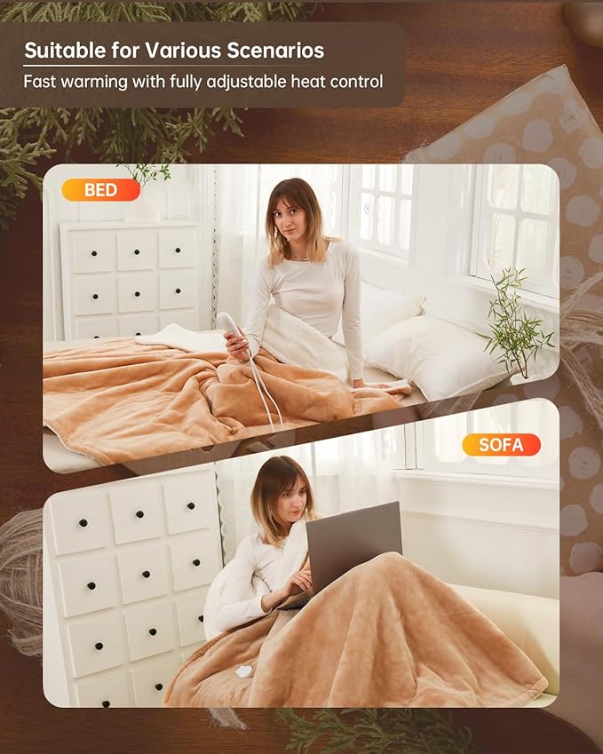 Electric Heated Blanket Twin Size, Washable Blanket Warmer for Home for Adults, Fast Heating Super Cozy Soft Flannel 62" x 84", 9 Heat Levels, 1-9H Auto-Off, ETL Certified, Camel