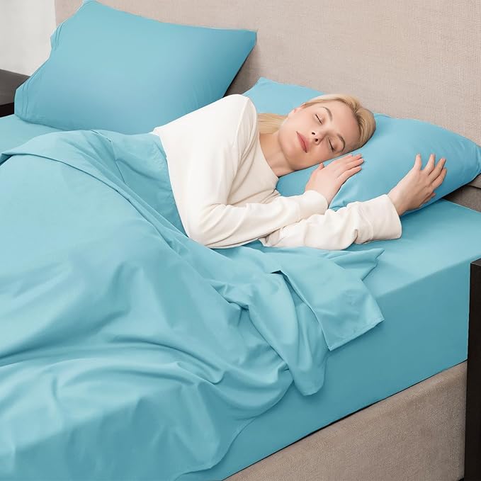 Mejoroom King Size Bed Sheet Set - Hotel Luxury 1800 Bedding Sheets & Pillowcases - 16" Deep Pocket Fitted Sheet, Soft, Breathable, Wrinkle & Fade Resistant - 4 Piece(King, Baby Blue)