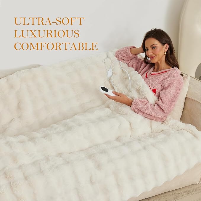 Faux Rabbit Fur Electric Blanket Throw 51"x63" – Heated Blanket with 5 Heat Settings, Timer & Digital Display, Fast Heating, Machine Washable Bubble Plush Heating Throw（White