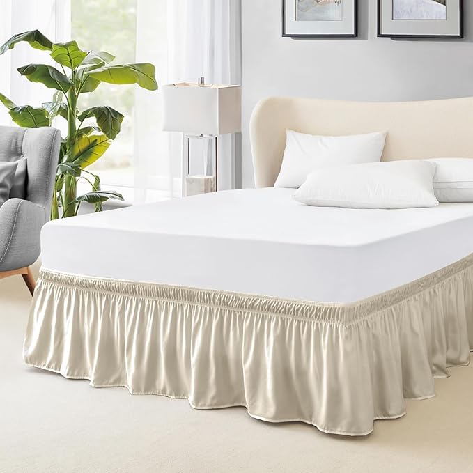 FreshCulture Queen Bed Skirt, Elastic Wrap Around Bed Skirt Queen Size, Bed Skirts for Adjustable Bed, Easy Fit with 15 Inch Drop Length, Hotel Quality Dust Ruffle for Queen Bed (Cream)