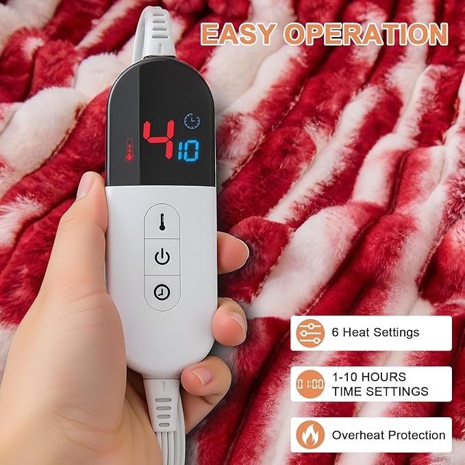 Heated Blanket Queen - 84"x90" Dual Control Bed Electric Blankets with 6 Heating Levels & 10 Hours Auto Off, Soft Ribbed Faux Fur Sherpa, Over-Heated Protection ETL, Red