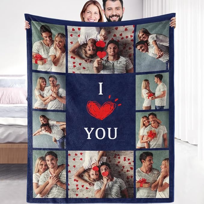 Ships Next Day, Custom Sherpa Fleece Blanket With Photos Text - Soft Warm Fuzzy Personalized Couples Gifts for Boyfriend Girlfriend - Customized Picture Gifts for Birthday Christmas