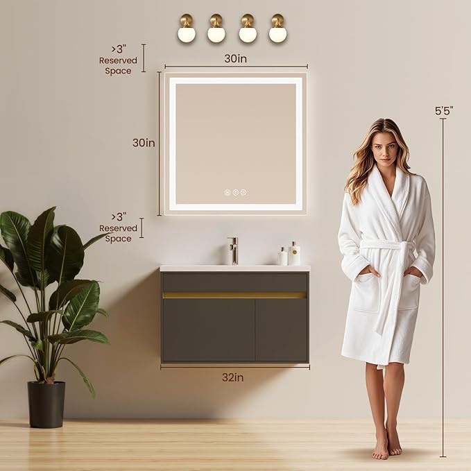 30x30 LED Bathroom Mirror with Lights, Anti-Fog, Backlit + Front Lit (CRI>90), Lighted Bathroom Vanity Mirror for Wall, Memory Function, Dimmable, Tempered Glass, Shatter-Proof, ETL Listed