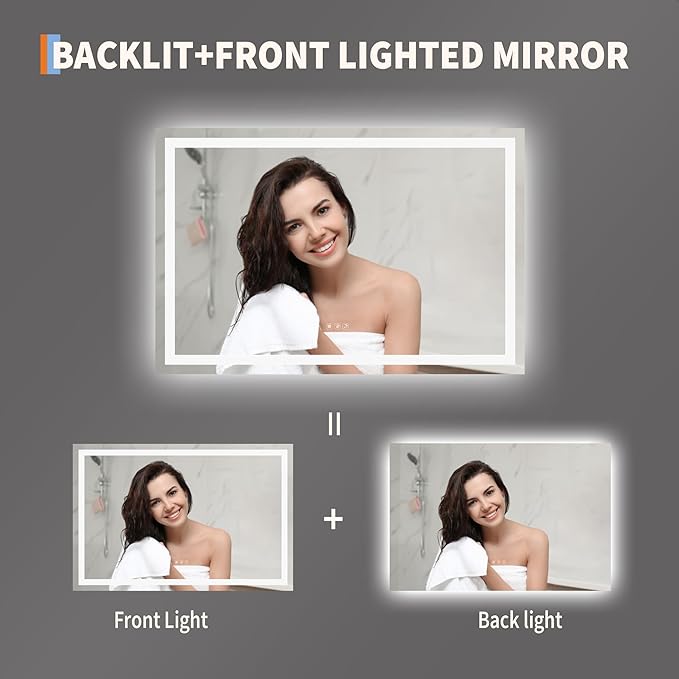 GarveeHome 45x30 LED Bathroom Mirror with Lights, Dimmable, Anti-Fog, Backlit + Front Lit, Lighted Bathroom Vanity Mirror for Wall, Memory Function, Shatter-Proof (Horizontal/Vertical)