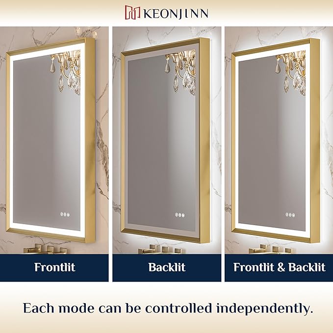 Keonjinn 60" x 36" LED Mirror for Bathroom, Brushed Gold Framed Mirror with Frontlit & Backlit, Large Lighted Mirror with Anti Fog for Wall, Stepless 3 Colors Temperature, UL-Listed LED Driver
