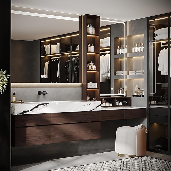 Bathroom Vanity with Sink - Luxury Bathroom Sink Cabinet, Floating Vanity with Smart Defogging Mirror & Storage Drawer, Multi-Layer Solid Wood Panel - Complete Accessories (80")