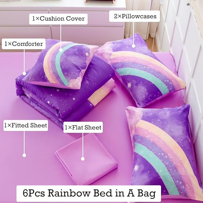 ANGIYUIN Deep Purple Girls Full Size Comforter Set Gradient Glitter Kids Bedding Sets 6 Pieces Soft Lightweight Galaxy Bed in A Bag with Sheets for Teens