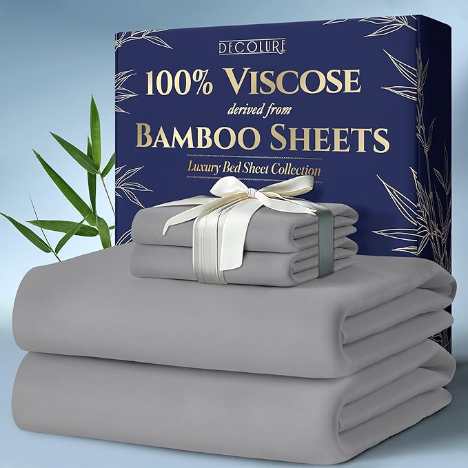 DECOLURE 100% Viscose Derived from Bamboo Sheets Full Size 4pcs - Ultra Soft & Luxuriously Cooling, 17" Deep Pocket, Double Stitching, Perfect for Hot Sleepers - Full Bed Sheets (Midgrey)