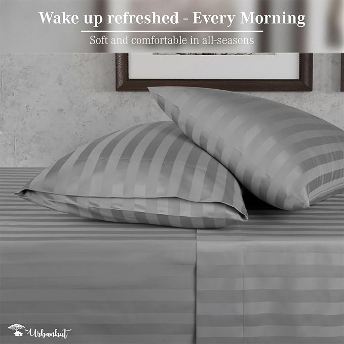 URBANHUT 1000 Thread Count Egyptian Cotton Sheets Damask Striped Queen Size, Long Staple Soft & Breathable, 4 Pc Bed Sheet Sets, Luxury Hotel Sateen Sheets Fits 16" Deep Pocket - Dark Grey