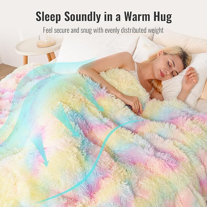 Uttermara Weighted Blanket Queen Size 20 lbs for Adults 60x80 inches, Long Shaggy Faux Fur and Cozy Warm Sherpa Reverse Weighted Blankets for Winter, Thick Heavy Blanket for Sofa Bed, Rainbow
