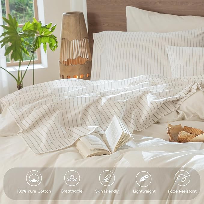 MooMee Striped Sheet Set 100% Washed Cotton Linen Like Textured Breathable Durable Soft Comfy (White Tannish Linen Grey Wide Stripes, Queen)