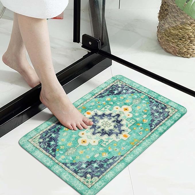 Uphome Boho Retro Bathroom Rugs Green Non-Slip Soft Bath Mat Machine Washable Oriental Small Bath Rug Traditional Tribal Floral Bath Mats for Sink Shower Tub Door Mat, 18x25 inch