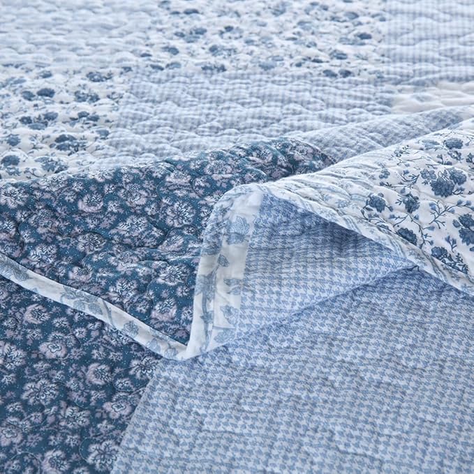 ENASAL Cotton Bedspread Quilt Bedding Sets Reversible Coverlet Sets Comforters Rustic Floral White Blue Patchwork Pattern Bedspread for All Season, Queen Size