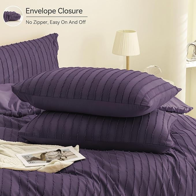 JELLYMONI Duvet Cover Queen Size Purple - 3PCS Boho Striped Duvet Cover Set Polyester Tufted Bohemian Textured Comforter Cover 90×90in with Corner Ties & Zipper and 2 Pillowcases