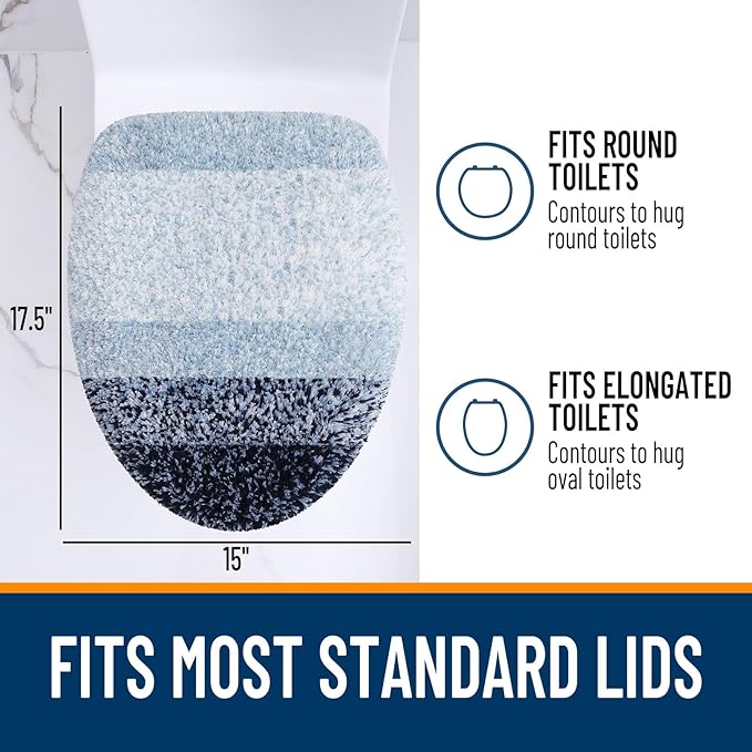 OLANLY Soft Microfiber Bathroom Toilet Lid Cover, Machine Washable Covers, 17.5x15, Stays in Place Rubber Backing, Fits Most Round, Elongated and Oblong Lids, Accessories Decor, Dark Blue