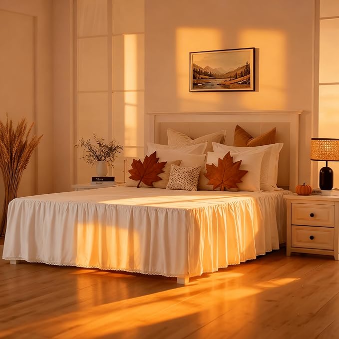 Queen Size 21" Drop - White Lightweight Cotton Bed Skirt with Crochet Edge - Dust Ruffle with Split Corner - Soft, Elegant, Breathable Bedding Accessory