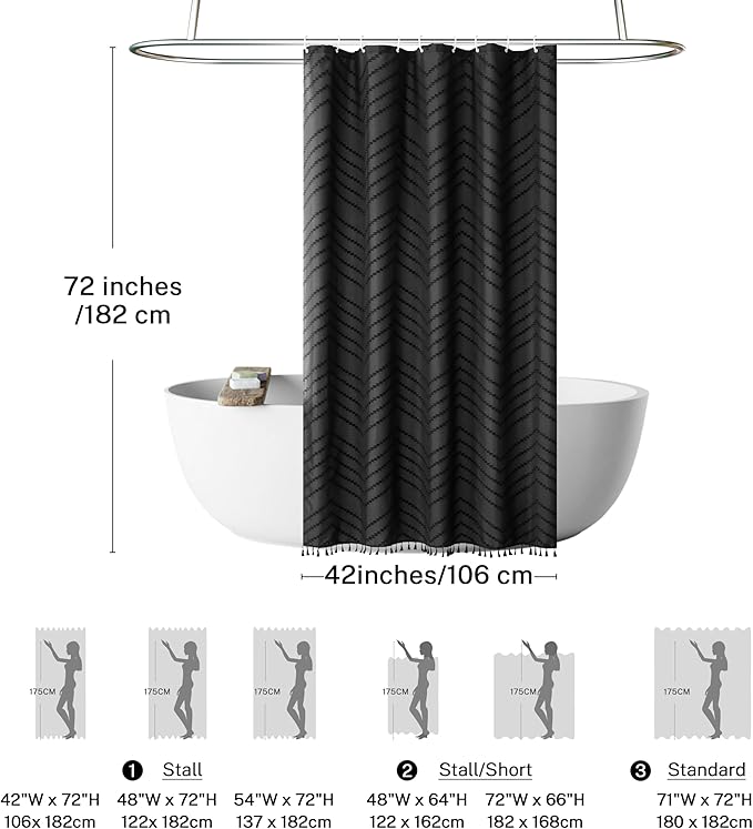 Stall Boho Shower Curtain Black Tassel Woven Fabric Shower Curtain 42 x 72 Modern Farmhouse Textured Tufted Chevron Striped Minimalist Bathroom Shower Curtain