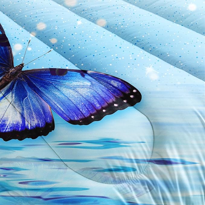 Fantasy Blue Themed Aesthetic Bedding King Comforter Set,Butterflies on Water with Falling Flowers Comforter Sets for Kids Girls Boys,Pretty Butterfly Pattern Bedding Sets with 2 Pillowcases.