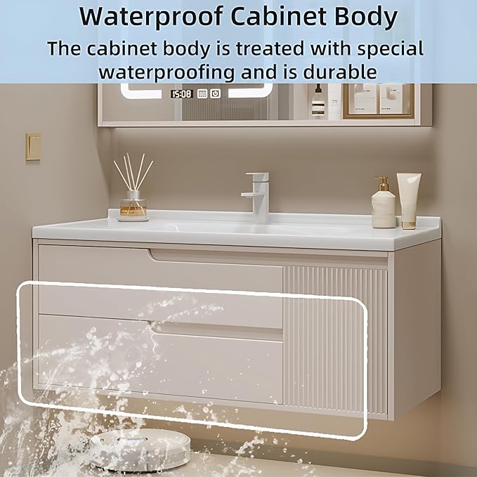 Cream Grey Sophisticated Bathroom Vanity - Bathroom Vanity with Smart Storage & Mirror Cabinet, Defogging, LED Light | Wall-Mounted Bathroom Storage Cabinets