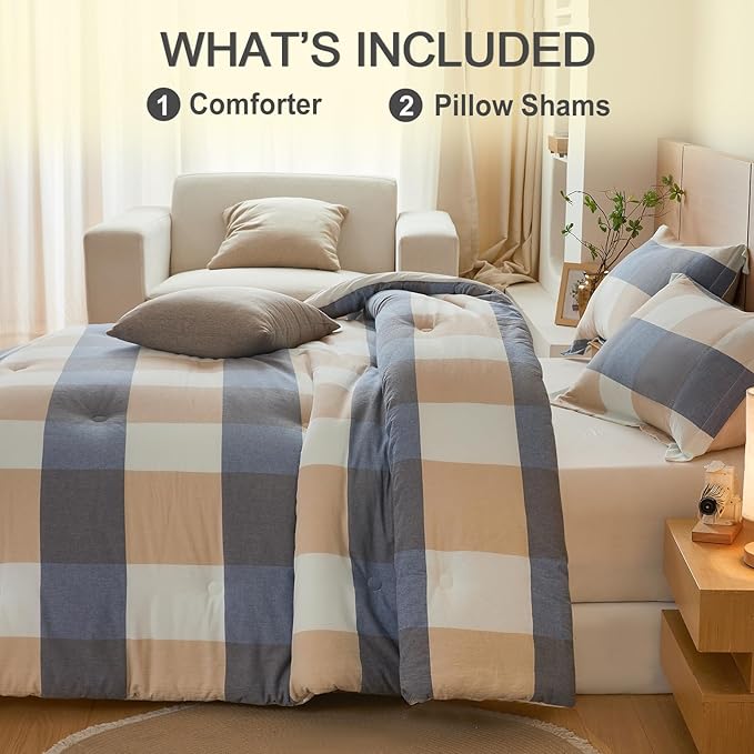 100% Cotton Comforter Set Queen Size – Reversible Yarn-Dyed Checkered Design, Soft Washed Cotton on Both Sides, Lightweight All-Season Bedding, Machine Washable(Blue White Plaid, 90”x90”)