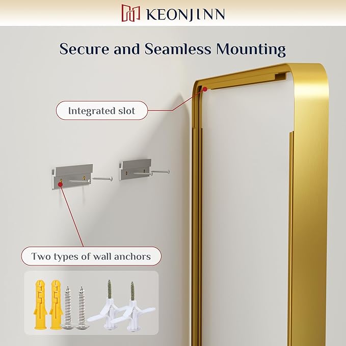 Keonjinn Gold Bathroom Mirrors for Over Sink, 28” x 36” Rounded Rectangle Brushed Gold Vanity Mirror, Anti-Rust Brass Mirror with HD Tempered Glass, Decorative Farmhouse Mirrors, Horizontal/Vertical