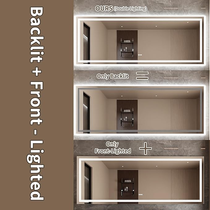 Bathroom Mirror with Lights 36"X96" with Front Light and Backlit, Tempered Glass, Wall Mount Horizontal/Vertical, Stepless Dimmable, 3 Colors, Anti Fog, Bathroom Memory LED Mirror