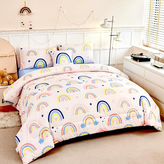 ANGIYUIN 6Pcs Beige Rainbow Queen Comforter Set Cartoon Rainbow Love Hearts and Stars Girl Bedding Set for Kids Girls Cute Soft Kid Bed in A Bag with Rainbow Comforter, Sheets, Pillowcases