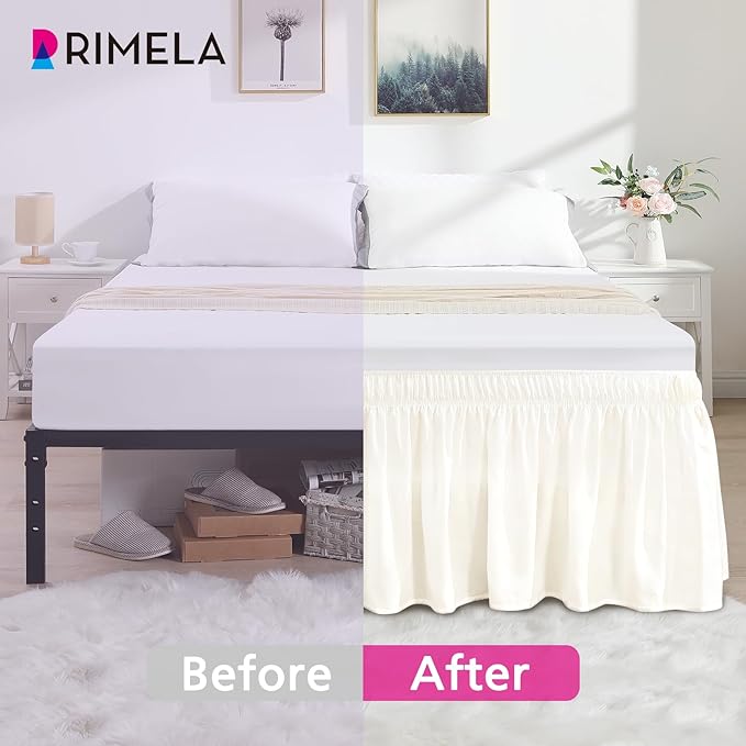 RIMELA Cream White Bed Skirt King Size 18 Inch Drop, Wrap Around Elastic Bedskirt, Dust Ruffle for Adjustable Bed Base Machine Washable Easy to Install Bed Skirts